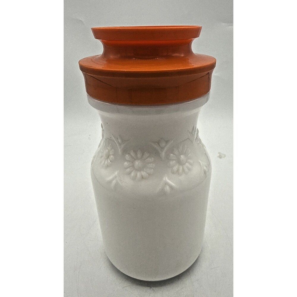 Vintage TANG Dink Mix Milk Glass Jar Embossed Daisies Orange Lid Canister 1970's